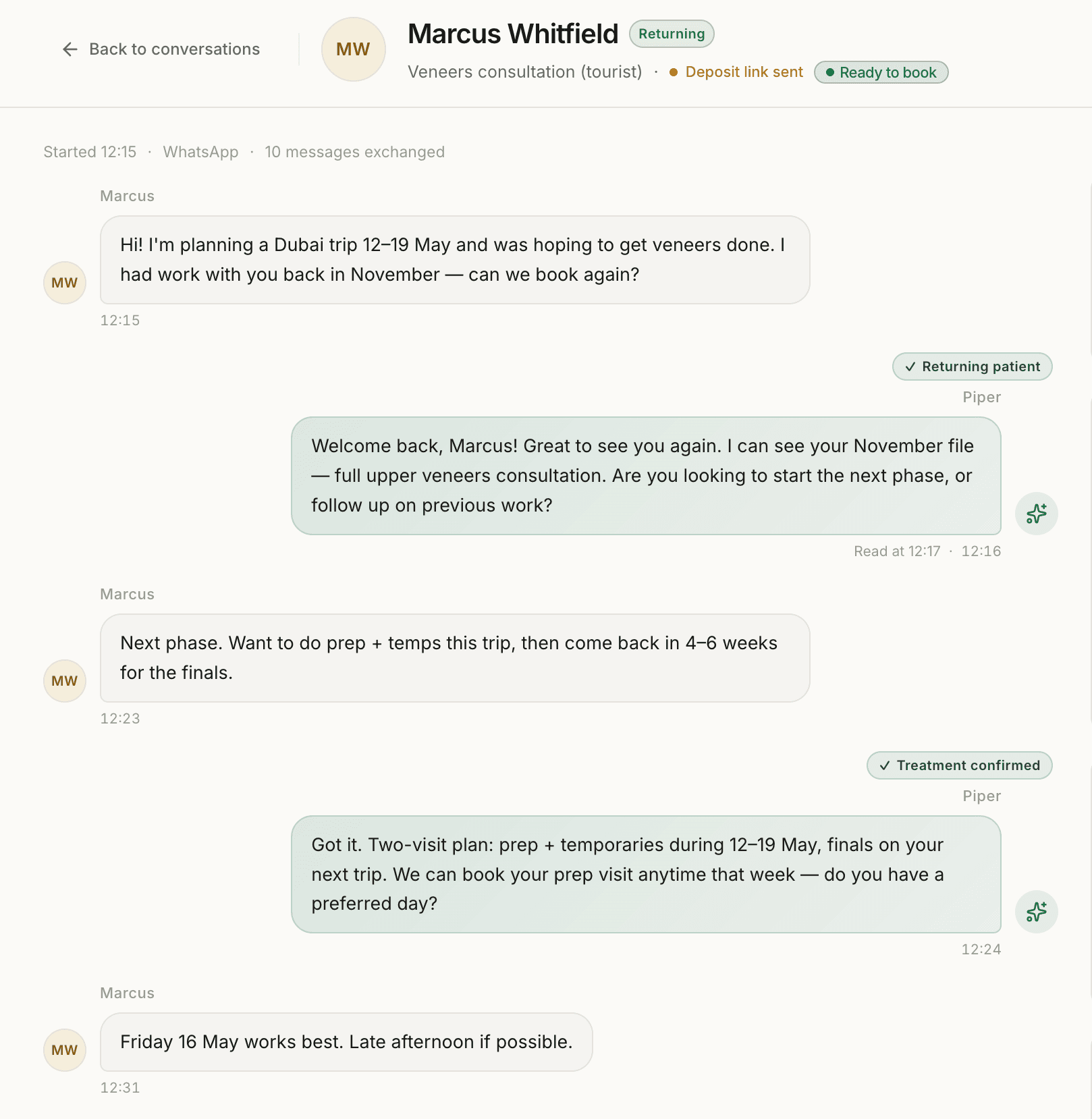 A patient conversation handled end to end in the Piper platform