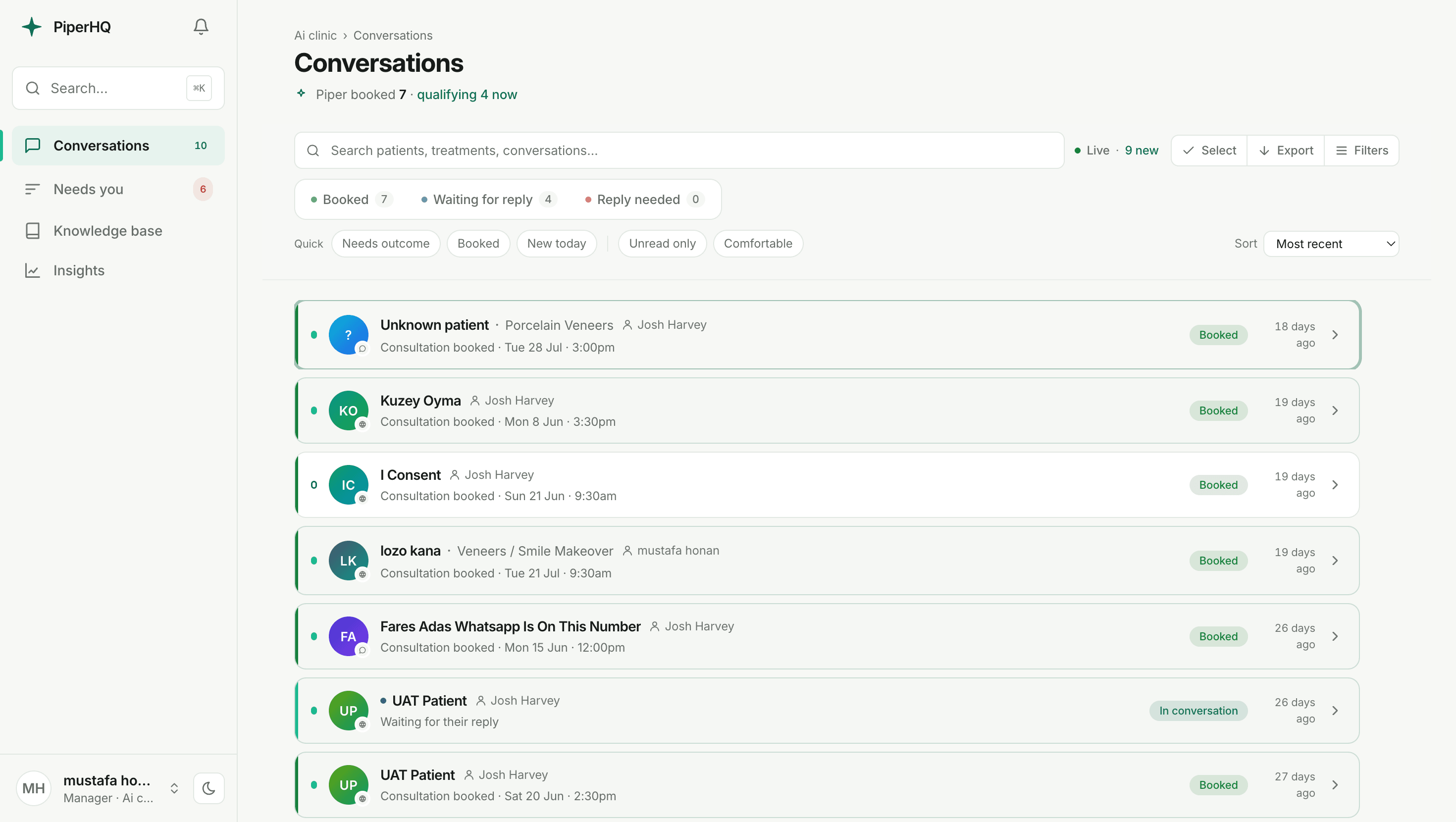 PiperHQ conversations inbox listing patient enquiries with treatment and booking status